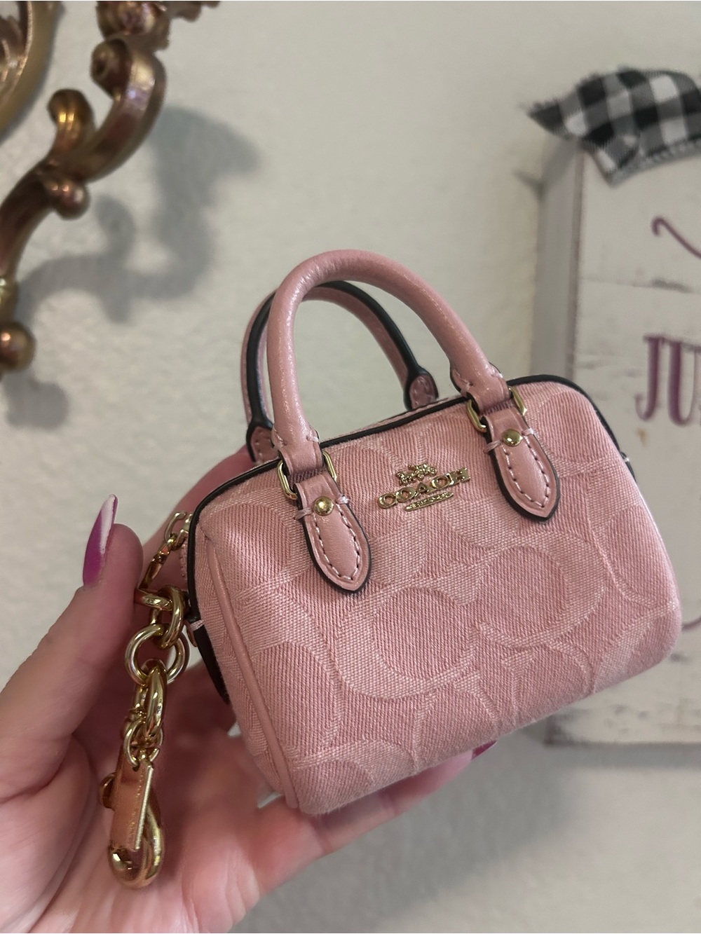 Coach Mini Satchel Keychain in Light Pink with Gold Hardware